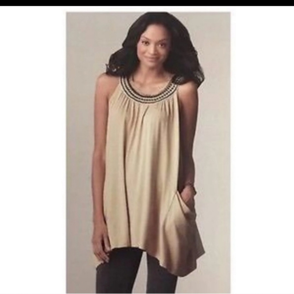 Cabi Women's Sleeveless Egyptian Beaded Oversized Neck Long Tunic‎ Top Size XS